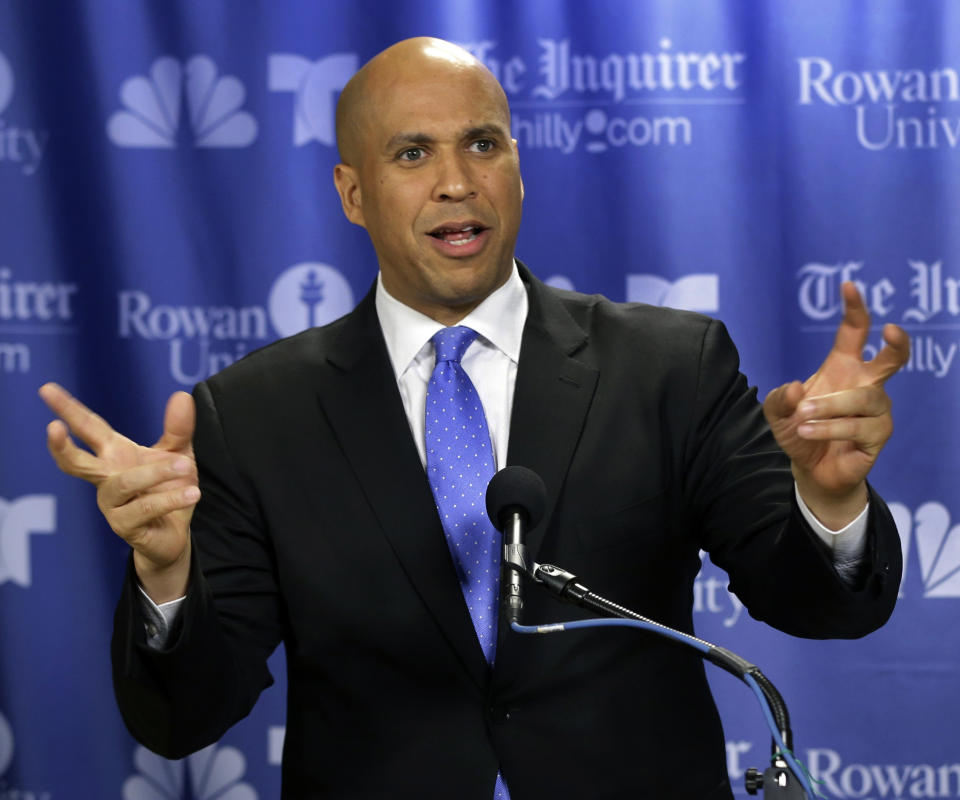 In this Oct. 9, 2013, photo. Senate candidate Democrat Cory Booker answers a question after debating Republican Steve Lonegan at Rowan University in Glassboro, N.J. Booker's path to the Oct. 16 Senate election has been bumpier than anticipated. Even Republicans had expected Booker to cruise to victory by a wide margin over Lonegan in the special election to replace former Sen. Frank Lautenberg, who died in June. While Booker holds a double-digit lead in most polls, the Newark mayor has faced sustained Republican criticism that has exposed vulnerabilities that could hamper him should he seek even higher office someday. (AP Photo/Mel Evans)