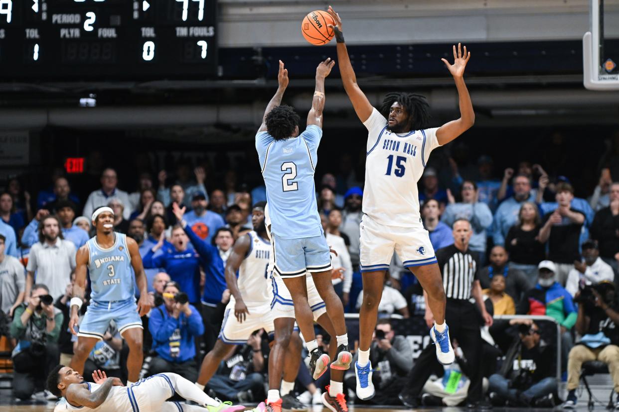 Apr 4, 2024; Indianapolis, IN, USA; Seton Hall Pirates center Jaden Bediako (15) blocks a shot attempt from Indiana State Sycamores guard Isaiah Swope (2) during the second half at Hinkle Fieldhouse. Mandatory Credit: Robert Goddin-USA TODAY Sports