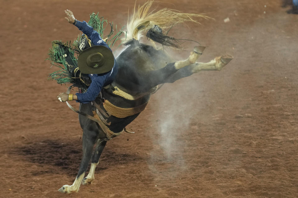 A cowboy battles to stay aboard a horse during horse riding competition at the Barretos Rodeo International Festival in Barretos, Sao Paulo state Brazil, Friday, Aug. 26, 2022. (AP Photo/Andre Penner)