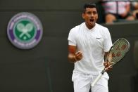 Britain Tennis - Wimbledon - All England Lawn Tennis & Croquet Club, Wimbledon, England - 3/7/16 Australia's Nick Kyrgios celebrates during his match against Spain's Feliciano Lopez REUTERS/Stefan Wermuth