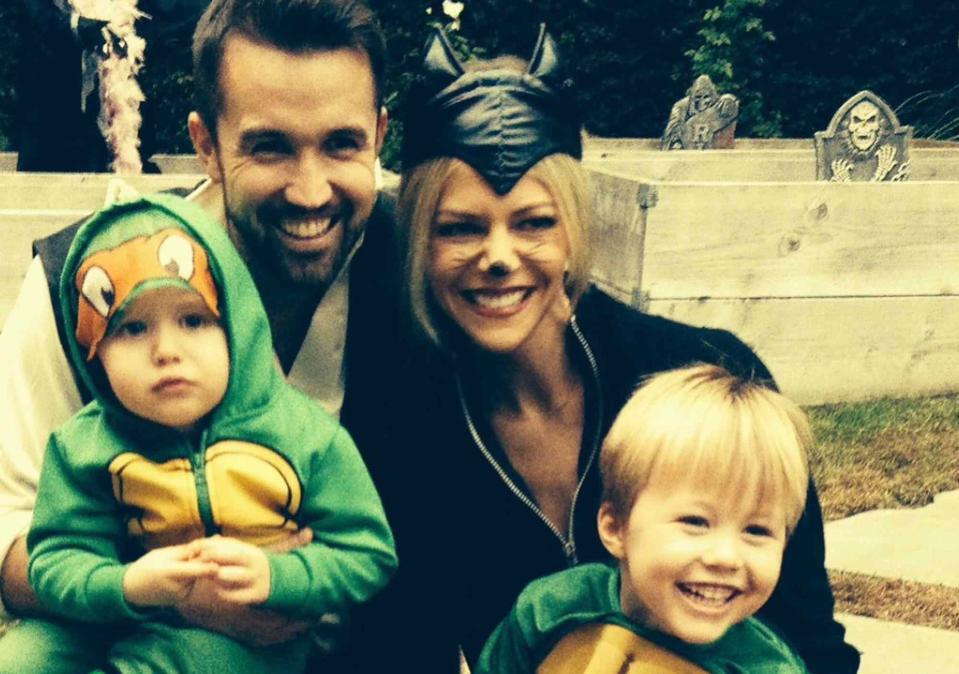 <p>Kaitlin Olson Instagram</p> Rob McElhenny and Kaitlin Olson with their kids Axel and Leo.