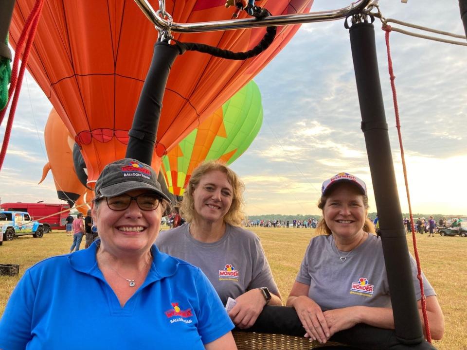 Wonder Bread balloon pilot Amanda Sabia of Kansas and her crew, Jen Kyle of Whitehouse Station and Kristi Manz of Somerville, at the 39th annual New Jersey Lottery Festival of Ballooning at Solberg Airport in Readington.