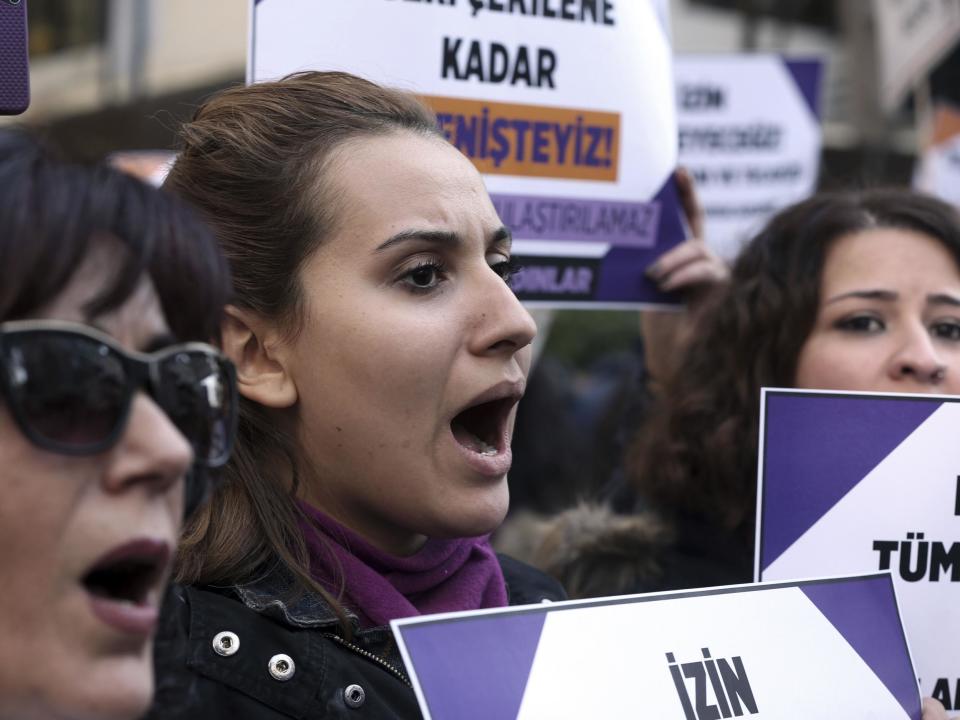 Turkish women stage a protest in Ankara against the bill which critics say is an 'amnesty for rape', a claim the ruling AKP dispute: AP
