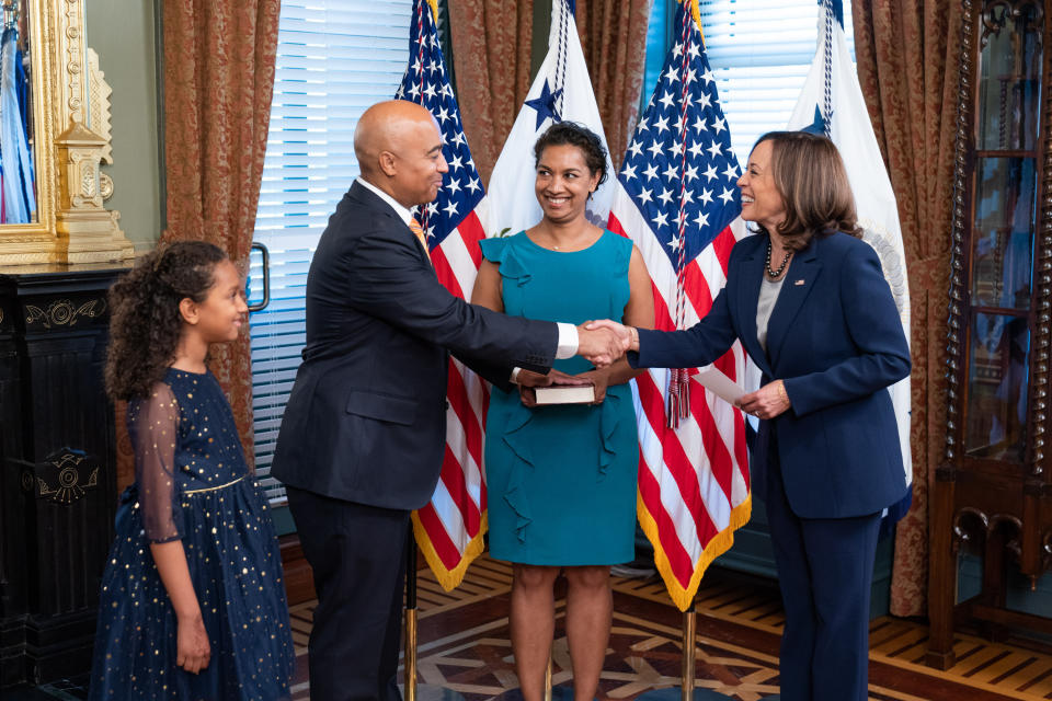 Vice President Kamala Harris swearing in Travis LeBlanc to his second term on the Privacy and Civil Liberties Oversight Board in Oct. 2022.