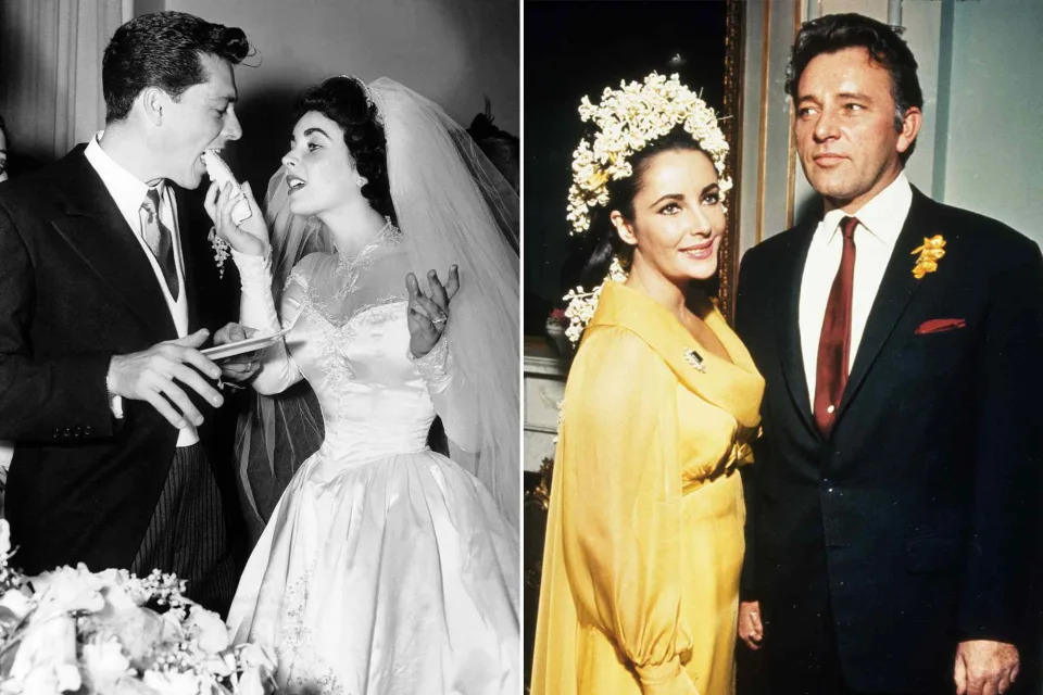 <p>Keystone-Francia/Gamma-Keystone/Getty; Snap/Shutterstock</p> Elizabeth Taylor y Conrad Hilton Jr. durante la recepción de su boda el 6 de mayo de 1950 en Los Ángeles. ; Elizabeth Taylor y Richard Burton el día de su boda en 1964.