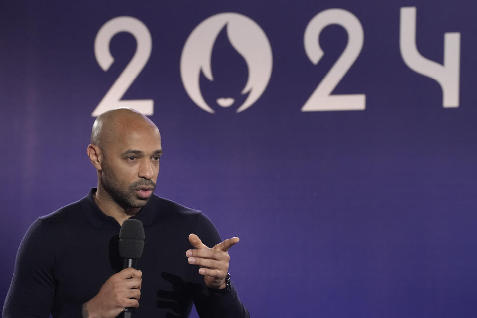 Former French soccer star Thierry Henry attends the draw for the Paris 2024 Olympic Soccer tournaments, Wednesday, March 20, 2024 in Saint-Denis, outside Paris. (AP Photo/Christophe Ena)