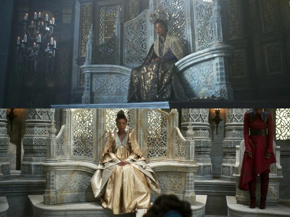 Siuan Sanche (Sophie Okonedo) on the Amyrlin seat throne in season two, episode seven and  season one, episode six of "The Wheel of Time."