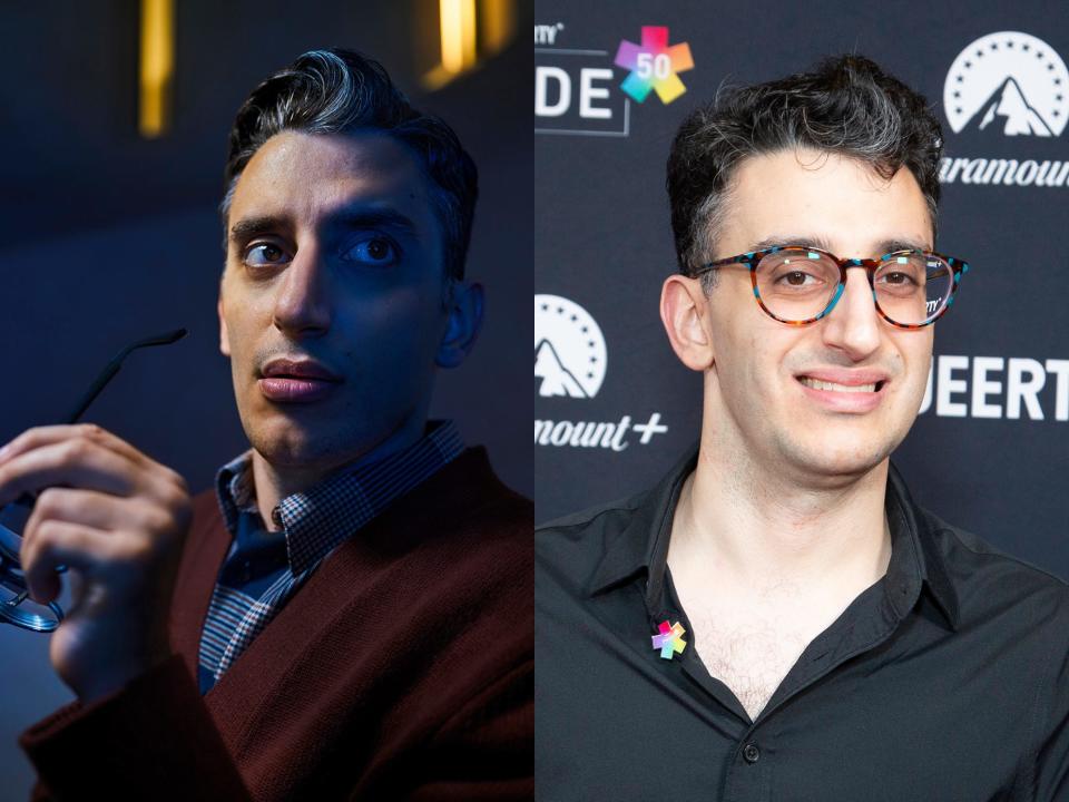 left: ryan j. haddad as oliver, holding his glasses; right: haddad on a red carpet, with multiculored glases