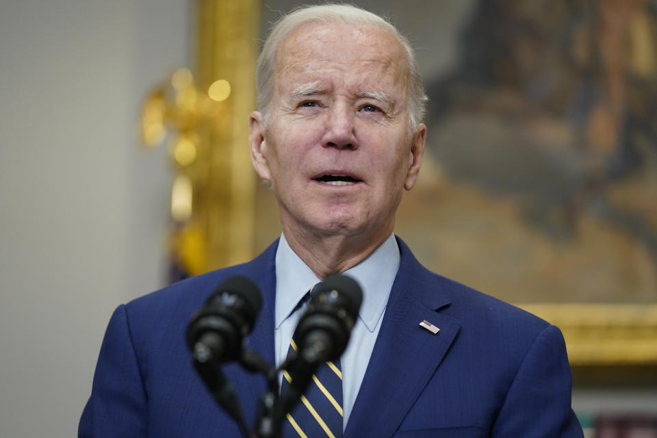 FILE - President Joe Biden speaks about the February jobs report from the Roosevelt Room of the White House, March 10, 2023, in Washington. Republicans and Democrats have been dancing around each other about the need to raise the government's legal borrowing authority. Biden tried to edge closer on Thursday, March 9, by releasing his budget plan that cuts deficits by $2.9 trillion over 10 years, an offer that House Speaker Kevin McCarthy, R-Calif, quickly dismissed as woefully insufficient. (AP Photo/Evan Vucci, File)