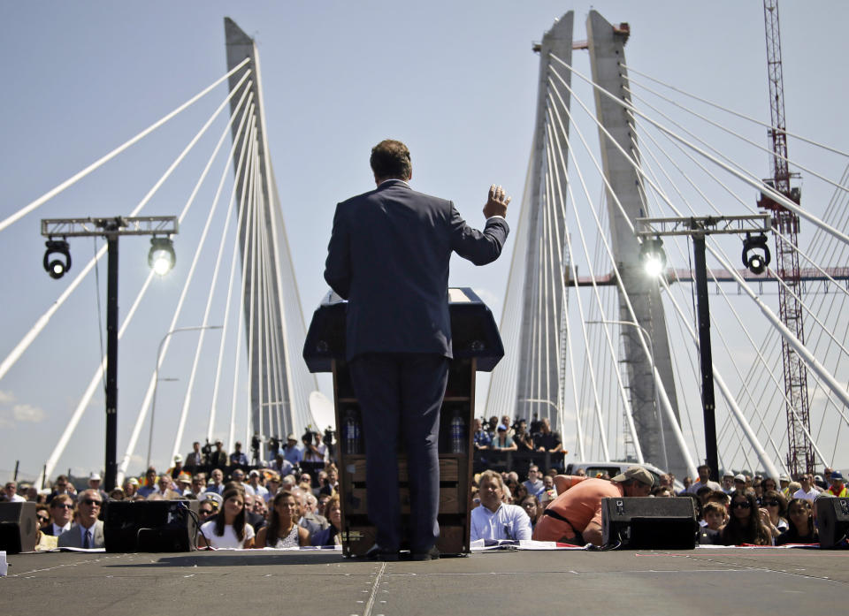 FILE - In this Aug. 24, 2017 photo, New York Governor Andrew Cuomo speaks at a ribbon cutting ceremony for the new Gov. Mario M. Cuomo Bridge, replacing the Tappan Zee Bridge in Tarrytown, N.Y. (AP Photo/Seth Wenig, File)