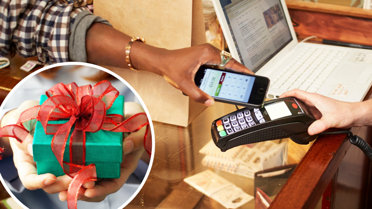 Image of someone paying via tap and go; image of Christmas present in hand