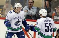 Oct 16, 2018; Pittsburgh, PA, USA; Vancouver Canucks right wing Brock Boeser (6) celebrates his game winning goal with center Bo Horvat (53) in overtime against the Pittsburgh Penguins at PPG PAINTS Arena. Vancouver won 3-2 in overtime. Mandatory Credit: Charles LeClaire-USA TODAY Sports