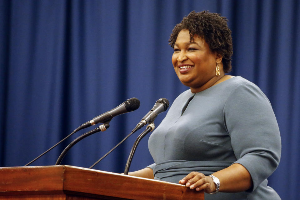 FILE - In this March 1, 2020, file photo, Stacey Abrams speaks at the unity breakfast in Selma, Ala. (AP Photo/Butch Dill, File)