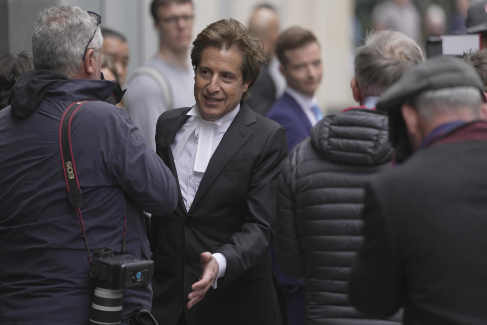 David Sherborne, Prince Harry's lead lawyer arrives at the High Court in London, Monday, June 5, 2023. Prince Harry has five active legal cases, three of them involving his battle with the British tabloids. He is expected to testify in London's High Court; if he takes the witness stand, he'll be the first member of the royal family to testify in court since the late 19th century. (AP Photo/Kin Cheung)