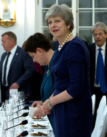 Britain's Prime Minister Theresa May attends a dinner in Tallinn ahead of an informal European Union leaders summit, Estonia September 28, 2017. REUTERS/Virginia Mayo/Pool