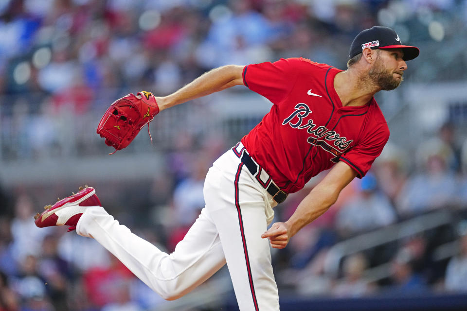 Atlanta Braves starting pitcher Chris Sale delivers in the fourth inning of a baseball game against the Tampa Bay Rays Friday, June 14, 2024, in Atlanta. (AP Photo/John Bazemore)