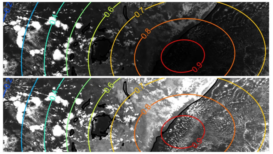 Las imágenes de satélite muestran nubes durante el eclipse solar del 3 de octubre de 2005 sobre África (en el oeste, izquierda) y el Océano Índico (en el este, derecha). La imagen superior no ha sido corregida por la disminución de la luz solar durante un eclipse, mientras que la imagen inferior sí ha sido corregida por la disminución de la luz solar, lo que se hizo para estudiar la evolución de las nubes dentro de la sombra parcial de la luna. Las líneas de colores indican la fracción del sol oscurecida por la luna. (Cortesía Victor Trees)