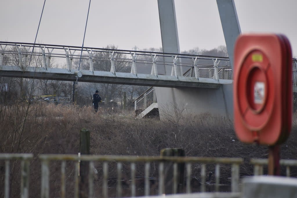 The scene near the Diglis footbridge, where Christina Rowe’s body was recovered from the River Severn (Matthew Cooper/PA) (PA Archive)