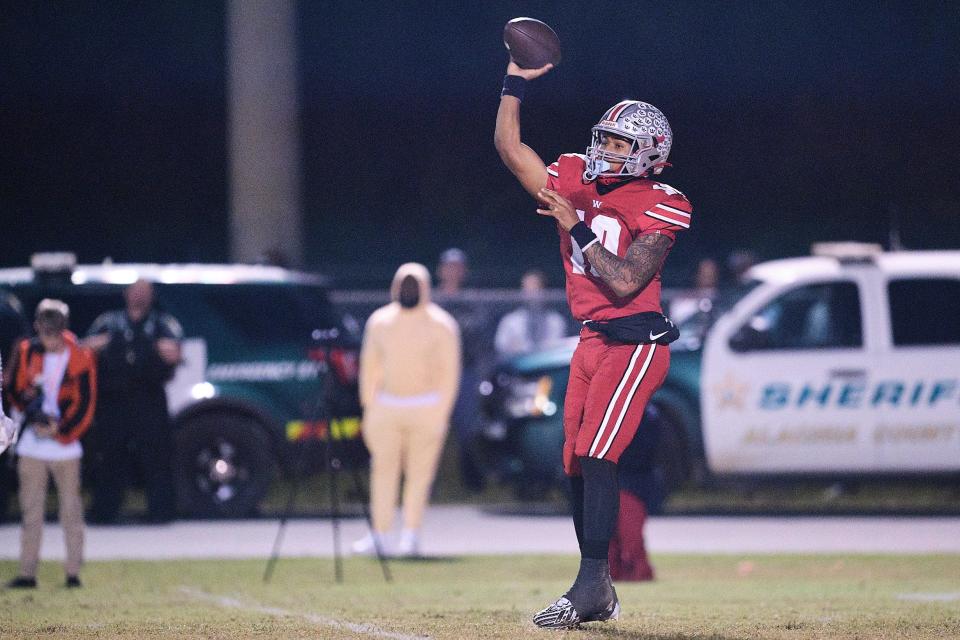 Williston Red Devils Shamon Coleman (10) looks to throw during the first half between Williston High School and Hawthorne High School at Williston High School in Williston, FL on Friday, November 24, 2023. [Chris Watkins/Gainesville Sun]