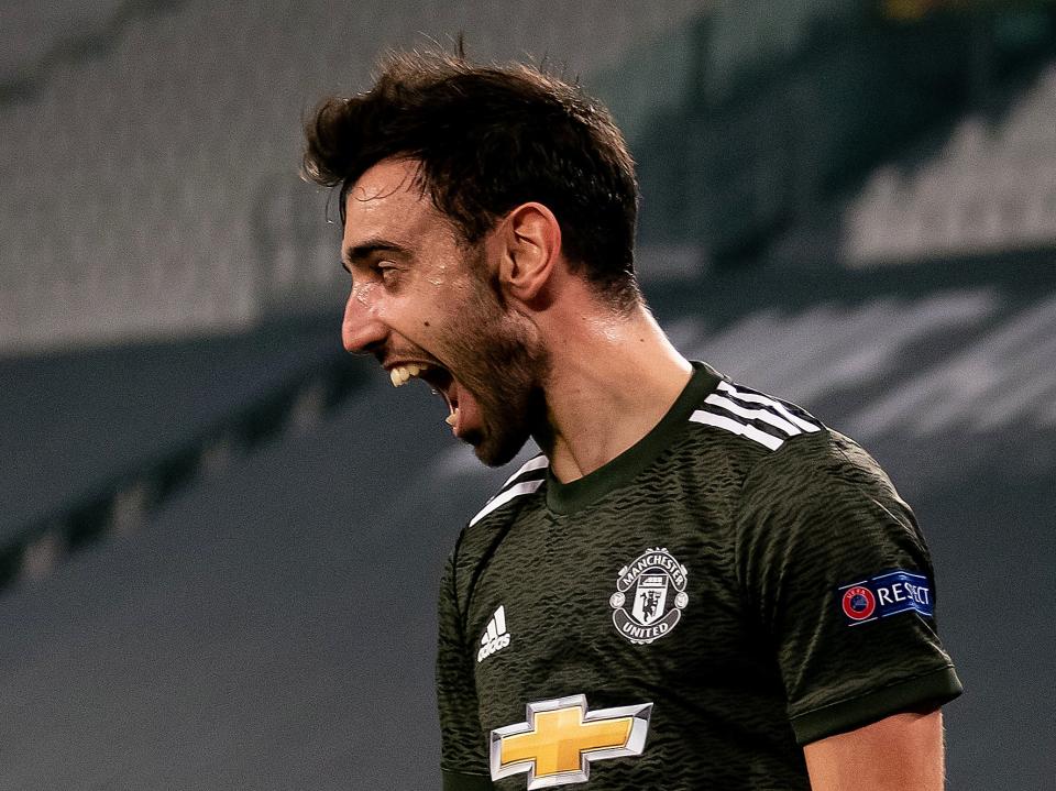 <p>Bruno Fernandes celebrates</p> (Manchester United via Getty Imag)