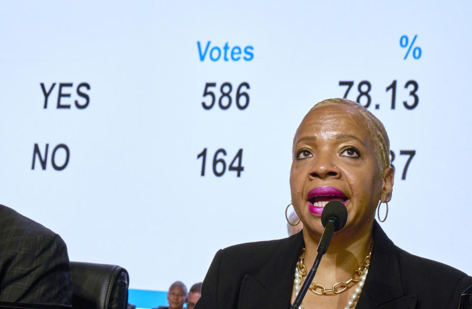 Bishop Tracy Smith Malone surveys the results of a delegate vote in favor of a worldwide regionalization plan as she presides over a legislative session of the 2024 United Methodist General Conference in Charlotte, N.C., on April 25, 2024. The proposal needed a two-third majority vote to pass. (Paul Jeffrey/UM News via AP)