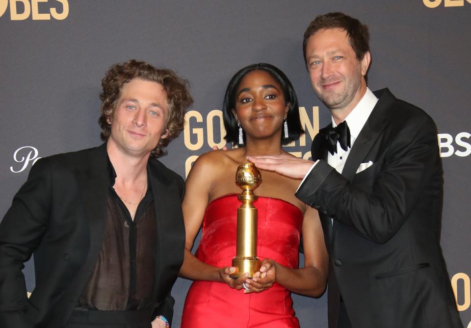 Jeremy Allen White, Ayo Edebiri and Ebon Moss-Bachrach in the press room with the award fore Best Television Series - Musical or Comedy "The Bear" at the 81st Annual Golden Globe Awards at the Beverly Hilton Hotel in Beverly Hills, Calif., on Sunday.