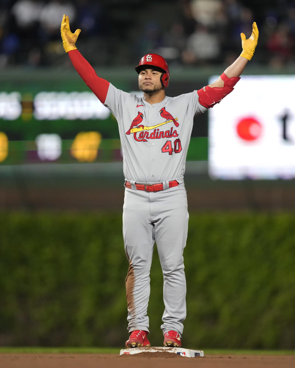 St. Louis Cardinals' Willson Contreras looks towards the dugout and celebrates his RBI double off Chicago Cubs starting pitcher Marcus Stroman during the sixth inning of a baseball game on Monday, May 8, 2023, in Chicago. (AP Photo/Charles Rex Arbogast)