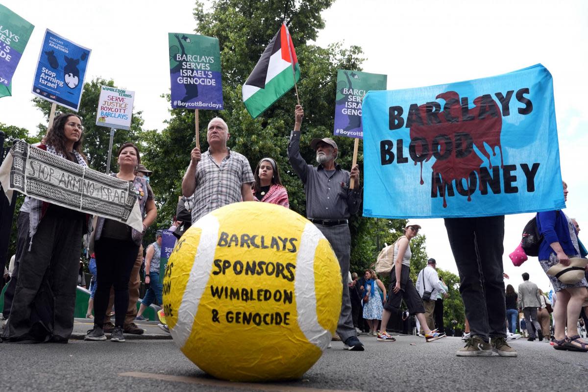 Pro-Palestine protesters demonstrating against Barclays sponsorship of the Wimbledon Championships <i>(Image: PA)</i>