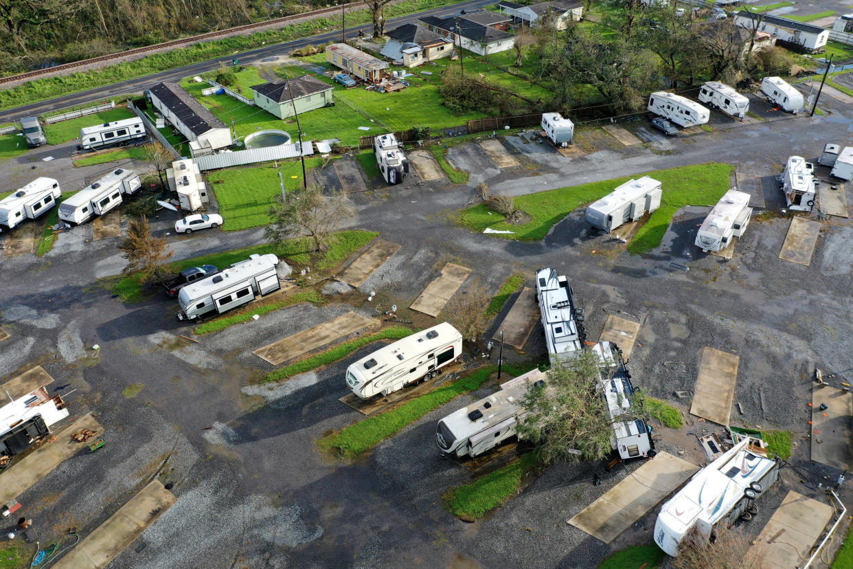 In this aerial photo, RVs are flipped over in an RV park after Hurricane Ida on August 31, 2021 in Paradis, Louisiana. Ida made landfall August 29 as a Category 4 storm southwest of New Orleans, causing widespread power outages, flooding and massive damage. (Scott Olson/Getty Images)