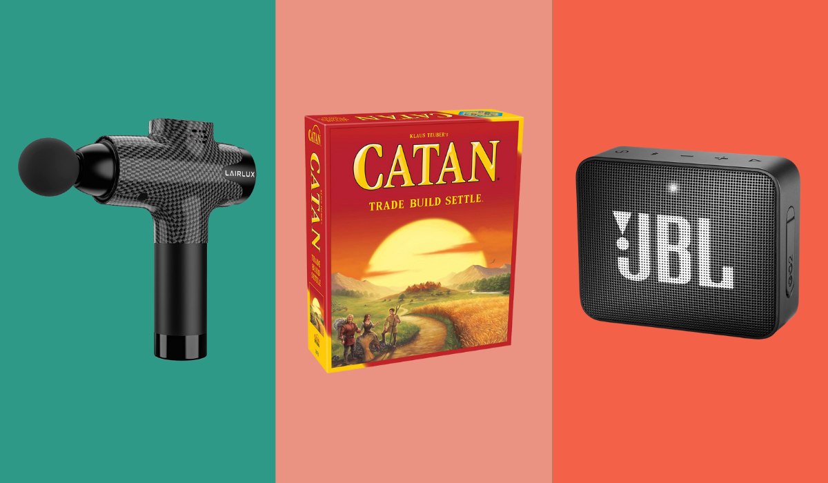 Massage gun, Catan board game and JBL portable speaker.