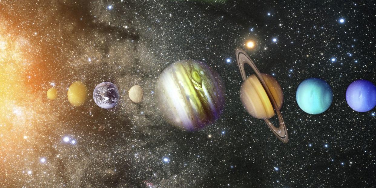 planets of the solar system sun, mercury, venus, earth, mars, jupiter, saturn, uranus, neptune galaxy, nebulae, stars outer space  wide format elements of this image furnished by nasa