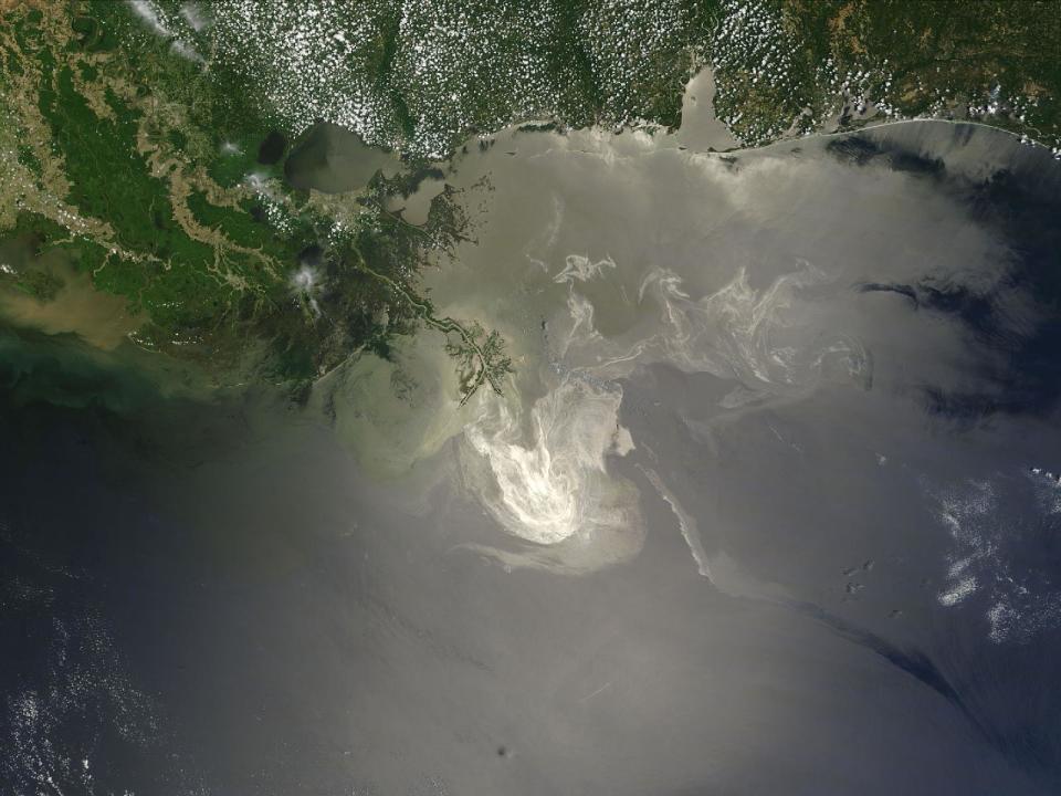 NASA&rsquo;s Terra satellite photo on May 24, 2010, shows&nbsp;the lingering oil slick from the Deepwater Horizon spill off the Mississippi Delta. (Photo: Michon Scott/NASA Goddard Space Flight Center)