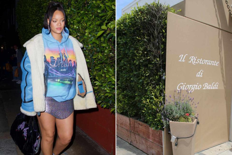 <p>shutterstock; getty</p> Rihanna outside her favorite Italian restaurant in Los Angeles, Giorgio Baldi.