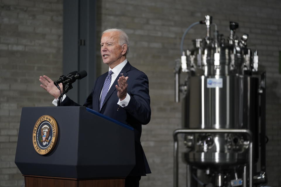 President Joe Biden speaks after a tour of a Pfizer manufacturing site, Friday, Feb. 19, 2021, in Portage, Mich. (AP Photo/Evan Vucci)