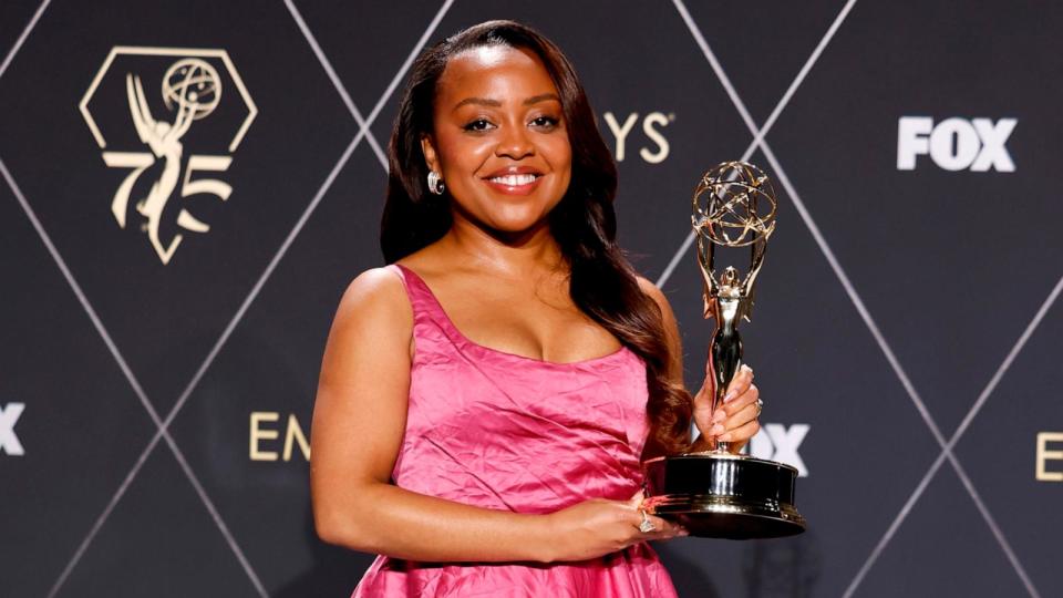 PHOTO: Quinta Brunson, winner of the Outstanding Lead Actress in a Comedy Series award for 'Abbott Elementary,' poses in the press room during the 75th Primetime Emmy Awards at Peacock Theater, Jan. 15, 2024, in Los Angeles. (Frazer Harrison/Getty Images)