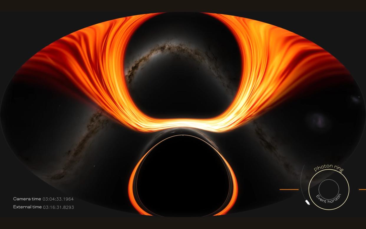 red and yellow band of light warped around a black hole