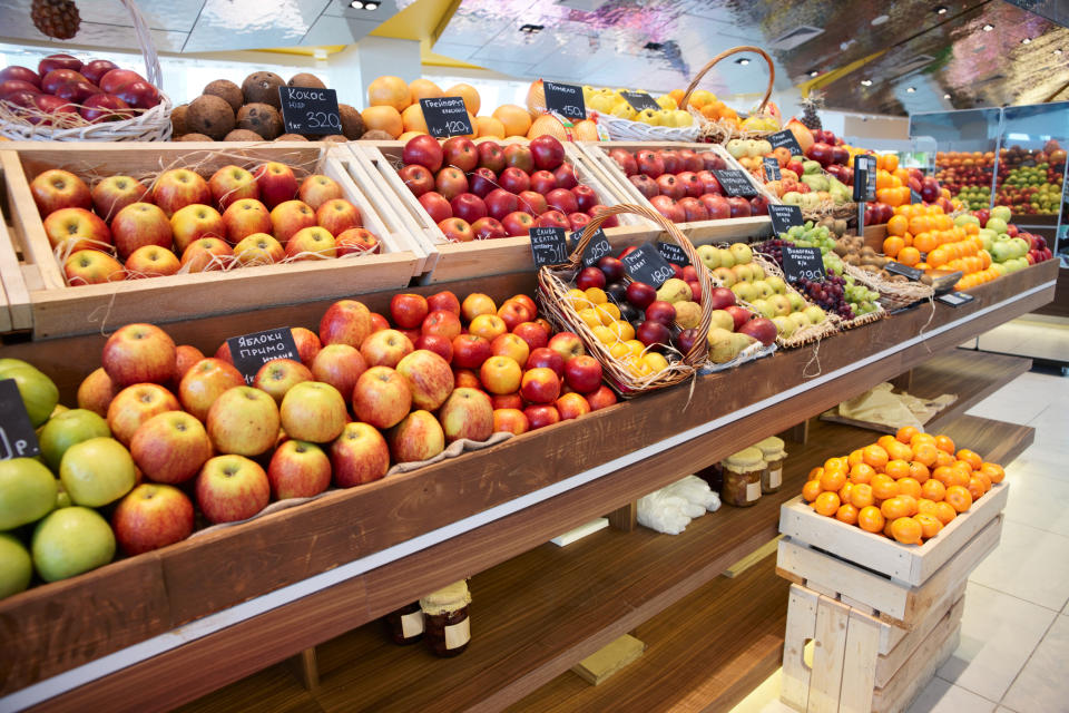 Shelf with fruits at a farm market. 