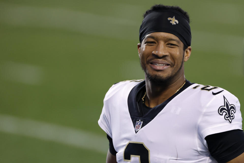 CHARLOTTE, NORTH CAROLINA - JANUARY 03: Quarterback Jameis Winston #2 of the New Orleans Saints shares a smile following their game against the Carolina Panthers at Bank of America Stadium on January 03, 2021 in Charlotte, North Carolina. (Photo by Jared C. Tilton/Getty Images)