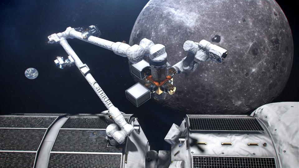 An artist's concept of Canadarm3, which will be located on the exterior of Lunar Gateway, a small space station that will orbit the Moon.  (Canadian Space Agency/NASA - image credit)