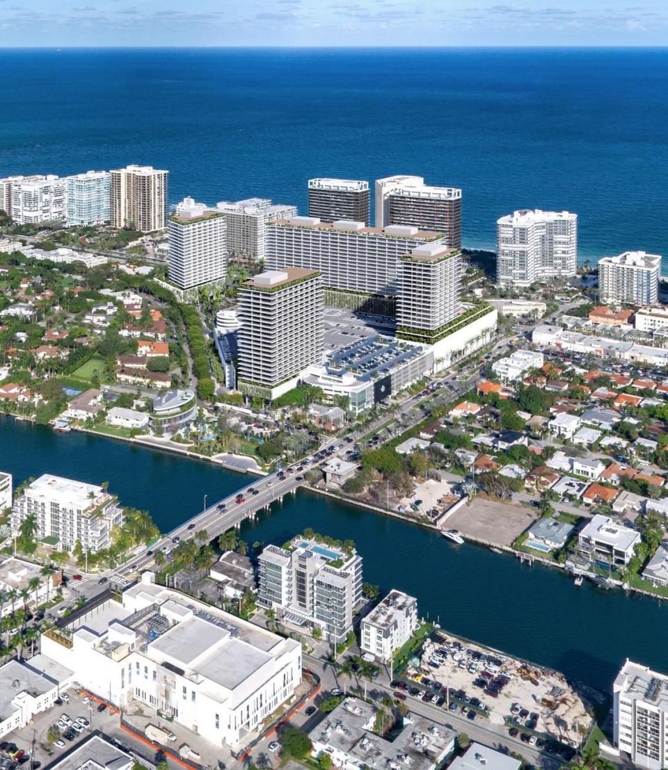 An architectural rendering displays the proposed expansion of the Bal Harbour Shops, at center, with four towers that would house workforce and luxury apartments and a hotel rising from the mall property at Collins Avenue and 96th street.