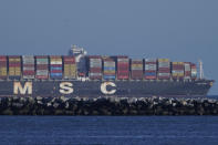 This Tuesday, Oct. 19, 2021, photo shows the MSC DANIT anchored outside the Port of Los Angeles. Federal investigators have said they believe a 1,200-foot (366-meter) cargo ship dragging anchor in rough seas caught the pipeline operated by Houston-based Amplify Energy and pulled it across the seafloor early this year. They have not determined whether impact with the Panama-registered MSC DANIT caused this spill or if the line was hit by something else or failed due to a preexisting problem. (AP Photo/Damian Dovarganes)