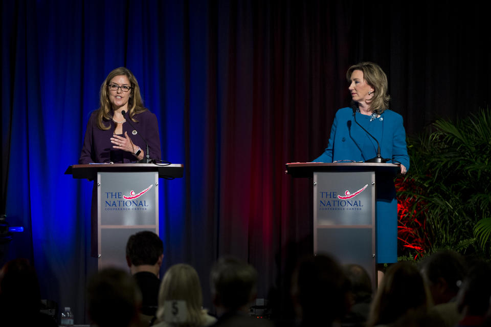 Democratic state Sen. Jennifer Wexton and incumbent Republican Rep. Barbara Comstock, candidates for Virginia’s 10th Congressional District, debate in September. (Photo: Pete Marovich/Washington Post via Getty Images)