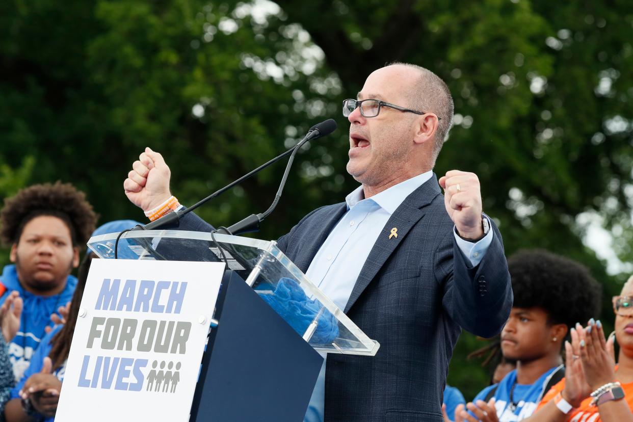 WASHINGTON, DC - JUNE 11: Fred Guttenberg speaks during March for Our Lives 2022 on June 11, 2022 in Washington, DC. Fred Guttenberg is an American activist against gun violence. Fred Guttenberg is an activist. His 14-year-old daughter Jaime Guttenberg was murdered in the Stoneman Douglas High School shooting on February 14, 2018.