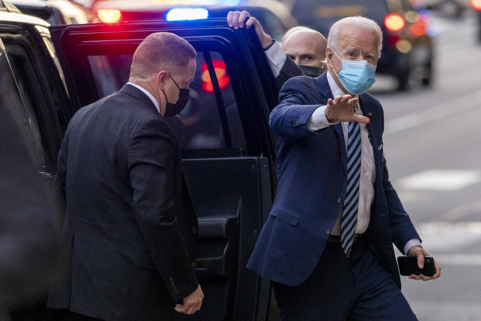 President-elect Joe Biden arrives at The Queen theater, Thursday, Dec. 3, 2020, in Wilmington, Del. (AP Photo/Andrew Harnik)