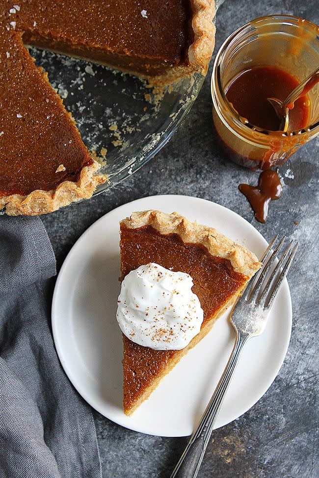 <p>Jazz up your typical pumpkin pie by adding salted caramel sauce. You definitely won't regret it!</p><p><strong>Get the recipe at <a href="https://www.twopeasandtheirpod.com/salted-caramel-pumpkin-pie/" rel="nofollow noopener" target="_blank" data-ylk="slk:Two Peas and Their Pod;elm:context_link;itc:0;sec:content-canvas" class="link ">Two Peas and Their Pod</a>.</strong></p><p><strong><a class="link " href="https://go.redirectingat.com?id=74968X1596630&url=https%3A%2F%2Fwww.walmart.com%2Fbrowse%2Fhome%2Fpie-dishes-tart-pans%2F4044_623679_8455465_4674050%3Ffacet%3Dbrand%253AThe%2BPioneer%2BWoman&sref=https%3A%2F%2Fwww.thepioneerwoman.com%2Ffood-cooking%2Fmeals-menus%2Fg33565118%2Fpumpkin-dessert-recipes%2F" rel="nofollow noopener" target="_blank" data-ylk="slk:SHOP PIE PLATES;elm:context_link;itc:0;sec:content-canvas">SHOP PIE PLATES</a><br></strong></p>