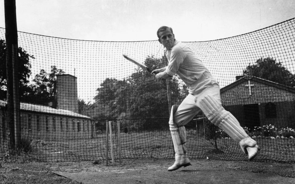 Philip Mountbatten, prior to his marriage to Princess Elizabeth, batting at the nets during cricket practice while in the Royal Navy, July 31st 1947 - Douglas Miller 