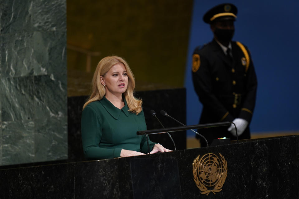 Zuzana Caputova, President of Slovakia, addresses the 77th session of the General Assembly at United Nations headquarters, Tuesday, Sept. 20, 2022. (AP Photo/Seth Wenig)