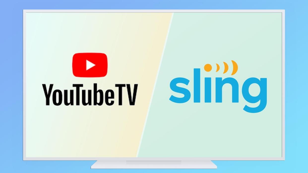  A graphic of a TV with its screen split by logos of YouTube TV and Sling TV. 