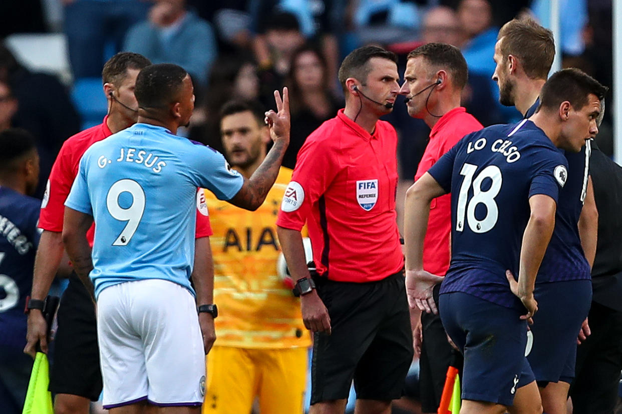 Gabriel Jesus of Manchester City protests to Referee Michael Oliver after his goal is ruled out for a hand ball via VAR. (Photo by Robbie Jay Barratt - AMA/Getty Images)