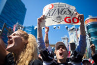 LOS ANGELES, CA - JUNE 11: Los Angeles Kings fans rally in front of the Staples Center before the start of Game 6 of the 2012 Stanley Cup Final June 11, 2012 in Los Angeles, California. A win in Game 6 against the New Jersey Devils would lead the Los Angeles Kings to their first championship in franchise history. (Photo by Jonathan Gibby/Getty Images)